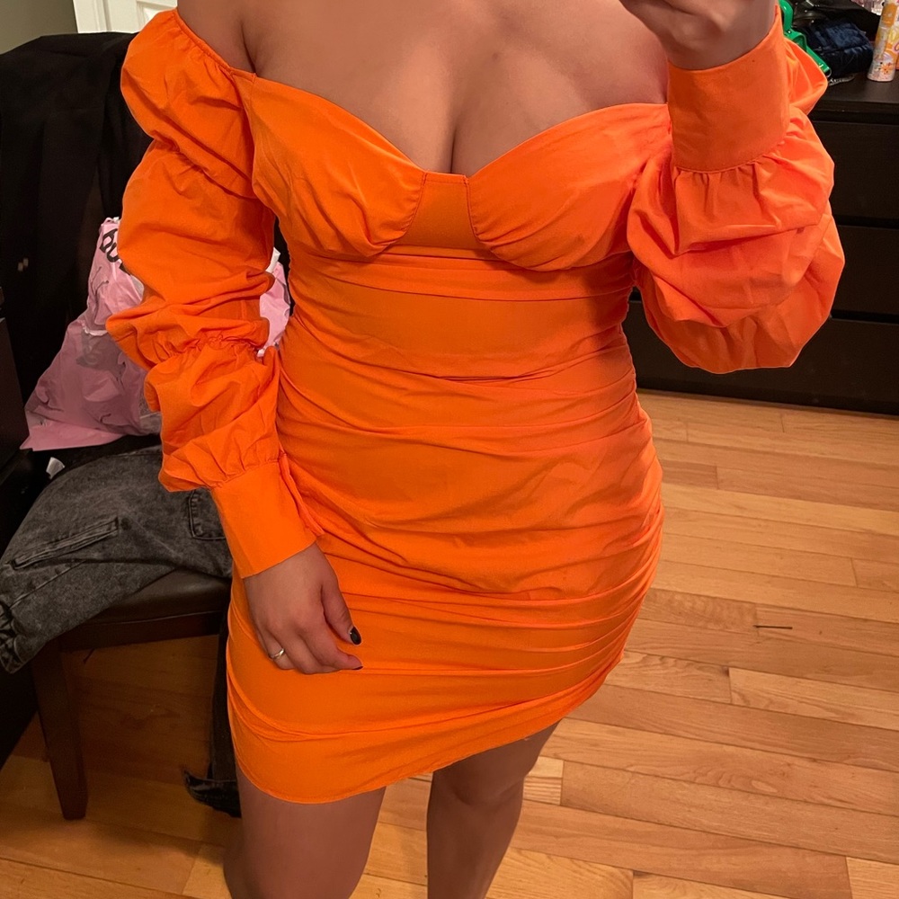 Orange Woven Bardot Tiered Sleeve Ruched Bodycon